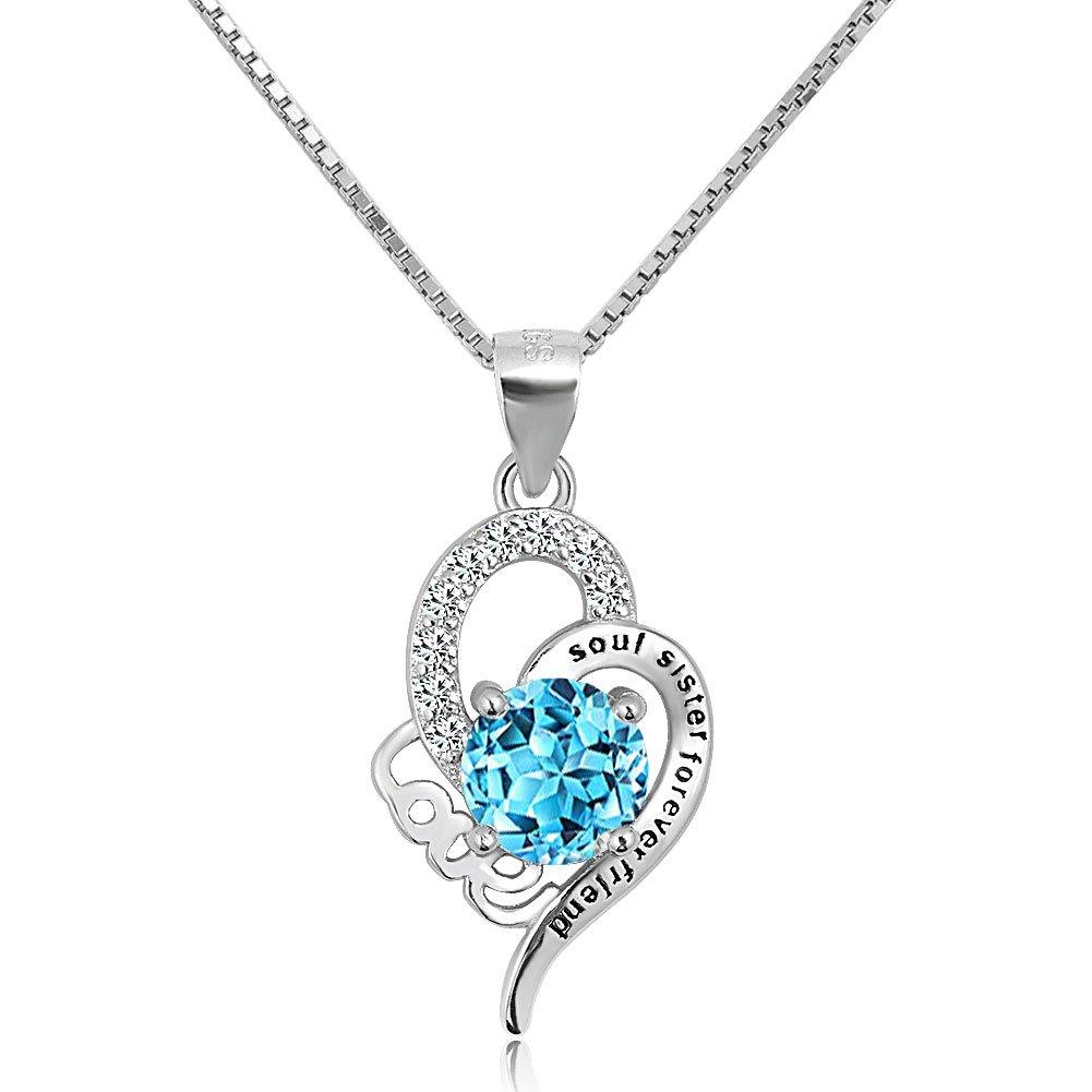 [Australia] - CharmSStory Soul Sister Forever Friend Sterling Silver Heart Engraved Necklace for Women, 18" Blue 