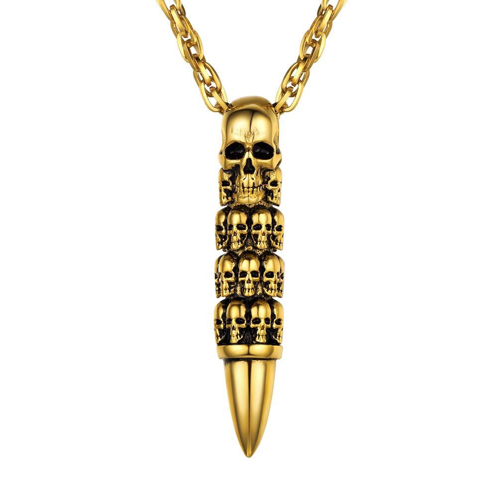 [Australia] - Skull Bullet Necklace/Skull Feather Necklace/Skull Necklace, Stainless Steel Gothic Punk Statement Jewelry for Men/Women, Come Gift Box Bullet Skull-Gold 