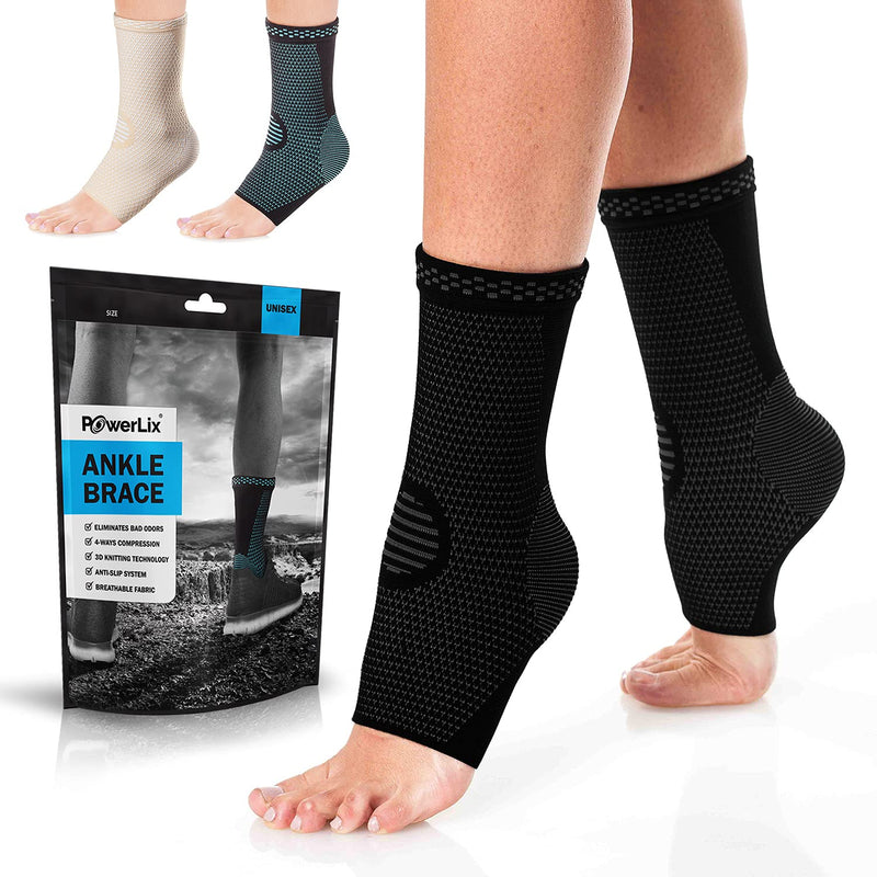 [Australia] - POWERLIX Ankle Brace Compression Support Sleeve (Pair) for Injury Recovery, Joint Pain and More. Achilles Tendon Support, Plantar Fasciitis Foot Socks with Arch Support, Eases Swelling Black Small 