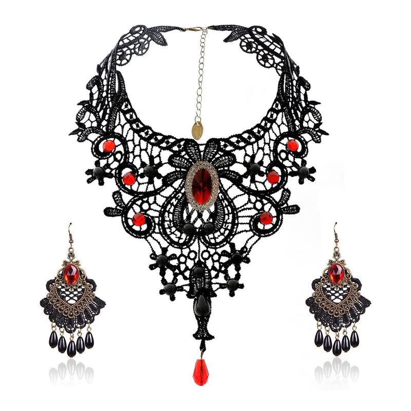 [Australia] - ETERNITY J. Elegant Vintage Black Lace Victorian Lolita Gothic Pendant Choker Necklace Earrings Set Red 