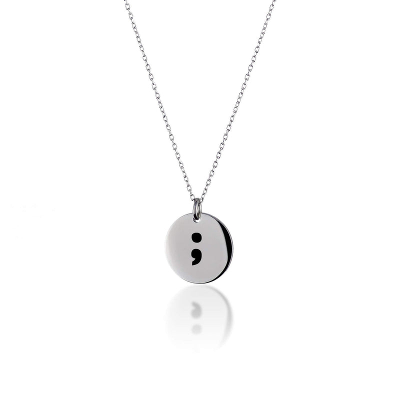 [Australia] - Dolceoro Semicolon Awareness, 12mm or 16mm Disk Necklace Jewelry Mental Health Awareness, Stainless Steel in Yellow, Rose Gold, or Silver Colors 12mm - Round - Silver 