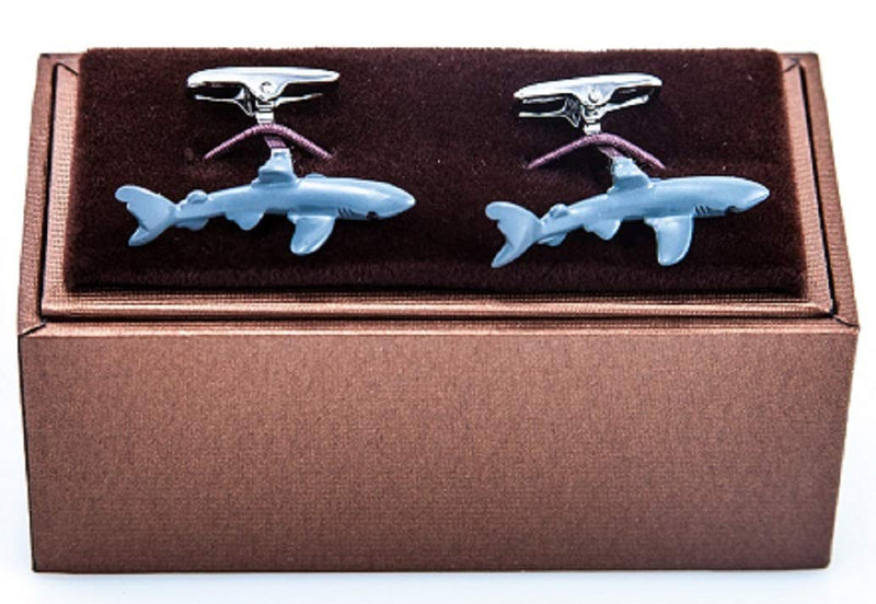 [Australia] - MRCUFF Shark Hand Painted Pair Cufflinks in a Presentation Gift Box & Polishing Cloth 