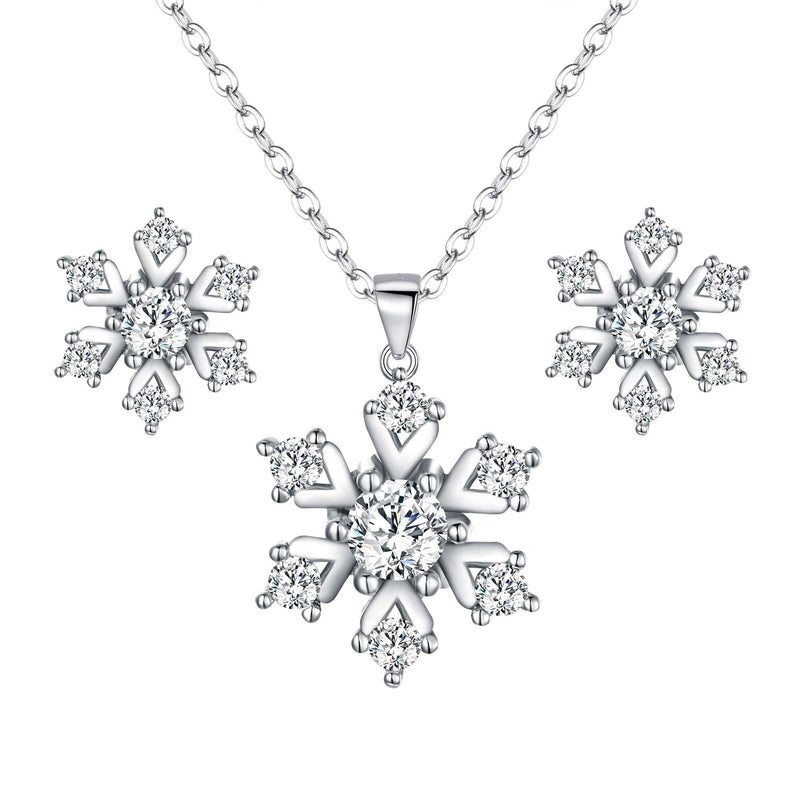 [Australia] - BriLove Women 925 Sterling Silver Cubic Zirconia Snowflake Pendant Necklace Stud Earrings Set #Sets 
