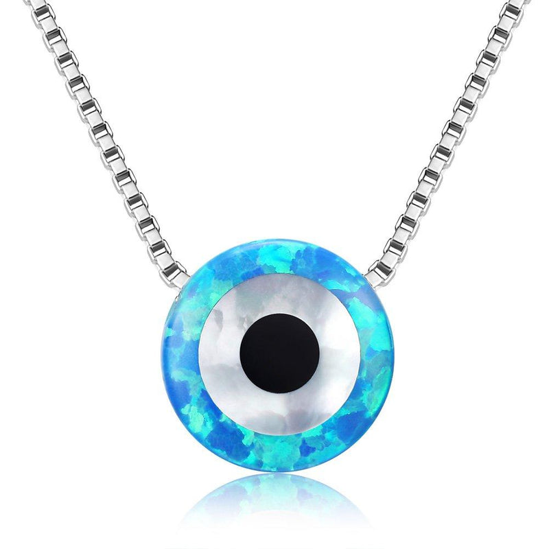 [Australia] - Kaletine Round Evil Eye Necklace Sterling Silver 925 Blue Synthetic Opal Pendant Adjustable Chain 16"+2" Extender Box Chain 