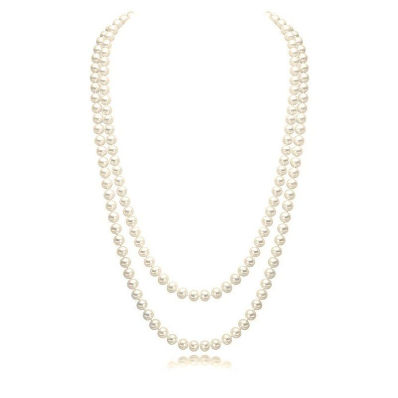 [Australia] - CrazyPiercing Faux Pearls Beads Necklace, Glass Strand Beads Necklace Chain, 1920s Fashion Imitation Pearls Long Necklace Vintage Costume Jewelry Necklace 55" Diameter of Pearl 0.32" for Women Girls White 