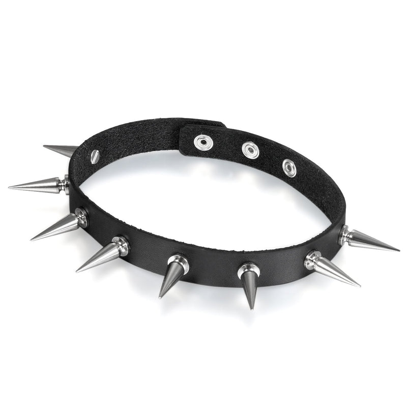 [Australia] - Flongo Gothic Black Rivet Leather Spiked Necklace Neckband Choker, Unisex Spike Studded Punk Rock Biker Wide Strap Leather Collar Necklace, Rivets Spiked Accent Leather Choker (Newest Upgrade Model) 