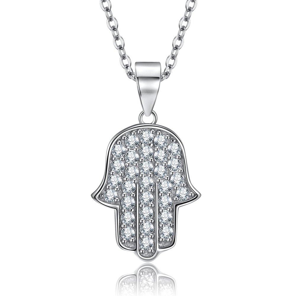 [Australia] - Kaletine Hamsa Hand of Fatima Pendant Necklace Sterling Silver 925 Cubic Zirconia Adjustable Cable Chain 16"+2" 