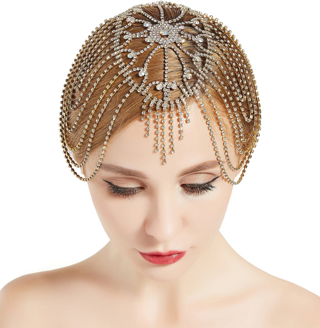 [Australia] - BABEYOND Vintage Style Roaring 20s Crystal Rhinestone Flapper Cap Headpiece (Gold) Gold 