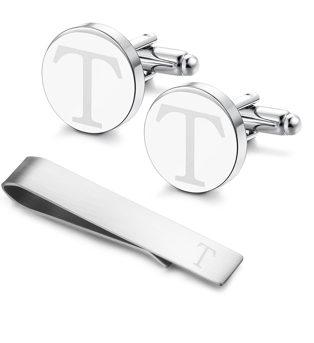 [Australia] - LOYALLOOK Stainless Steel Engraved Initial Cufflinks and Tie Clip Bar Set Alphabet Letter with Gift Box A-Z T 