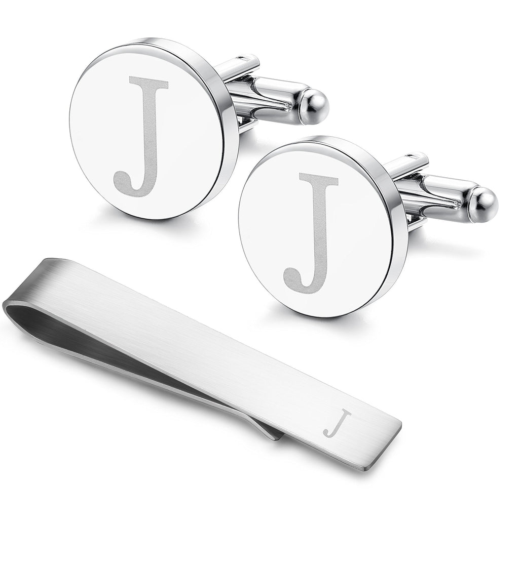 [Australia] - LOYALLOOK Stainless Steel Engraved Initial Cufflinks and Tie Clip Bar Set Alphabet Letter with Gift Box A-Z J 