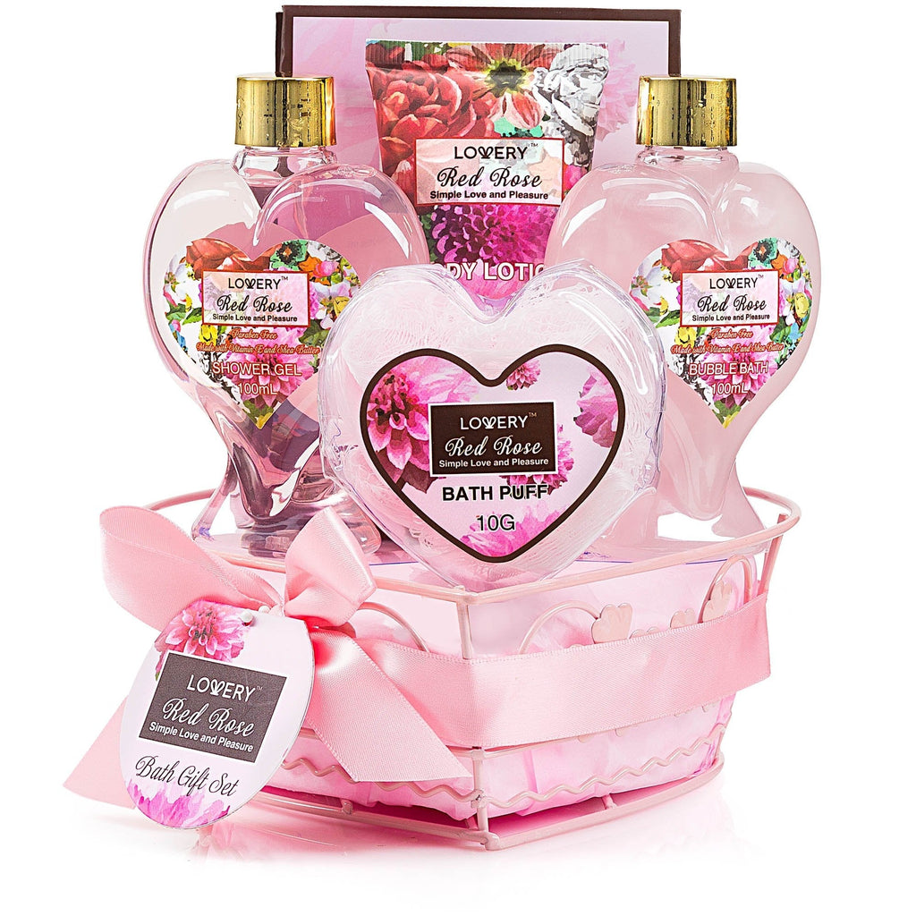 [Australia] - Father's Day Spa Gift Basket in Red Rose Fragrance - Lovely Bath Gifts - Best Home Spa Set - Luxury Bath & Body Set, Contains Shower Gel, Bubble Bath, Body Lotion, Bath Salt, Puff & Heart Wired Basket 