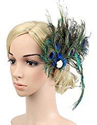 [Australia] - HXINFU 1920s Peacock Feather Hair Clip Pin Gatsby Flapper Headband Fascinator Green 
