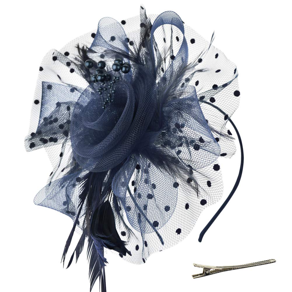 [Australia] - DRESHOW Fascinators Hat Flower Mesh Ribbons Feathers on a Headband and a Clip Tea Party Headwear for Girls and Women 7" Diameter / Navy 