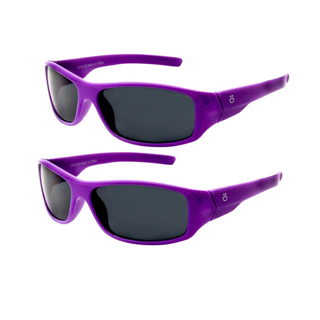 [Australia] - Kids Sunglasses Boys & Girls (2 pack) Wrap Around Sports Sunglasses, Non Polarized Smoked Lenses Neon Purple - 2 Pack Grey 