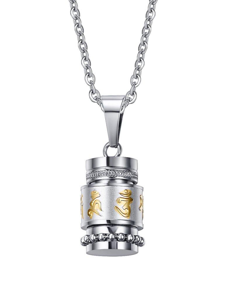 [Australia] - XUANPAI Stainless Steel Om Mani Padme Hum Buddhist Mantra Prayer Wheel Meditation Pendant Keepsakes Cremation Urn Necklace Link Chain 