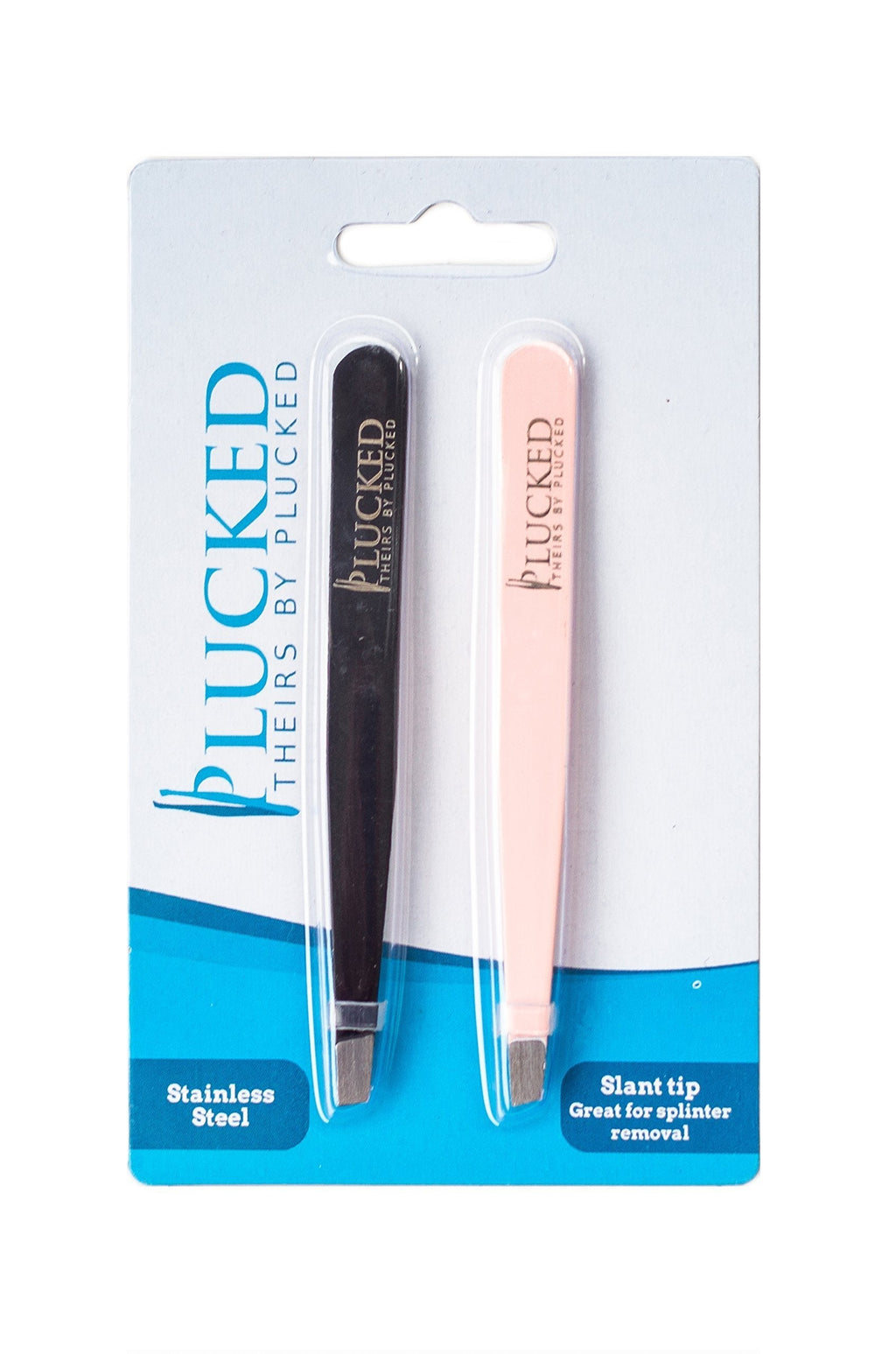 [Australia] - Stainless Steel Slant Tipped Tweezers by Plucked: Pack of 2 Hair Removal Tweezers for Men and Women –Slanted Tweezers for Eyebrow Plucking and Splinter Removal –Easy to Use Black and Pink Tweezers 