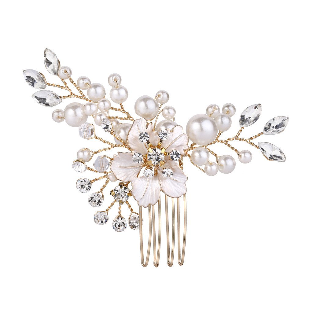 [Australia] - BriLove Women's Wedding Bridal Crystal Simulated Pearl Hibiscus Flower Hair Comb Clear Gold-Tone 