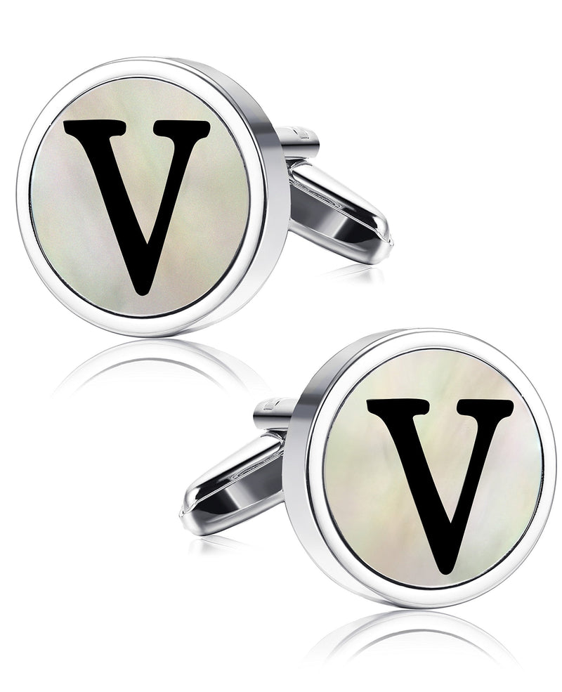 [Australia] - ORAZIO Mens Engraved Initial Cufflinks Mother of Pearl Alphabet Letter Cufflinks Business Wedding Shirts A-Z V 