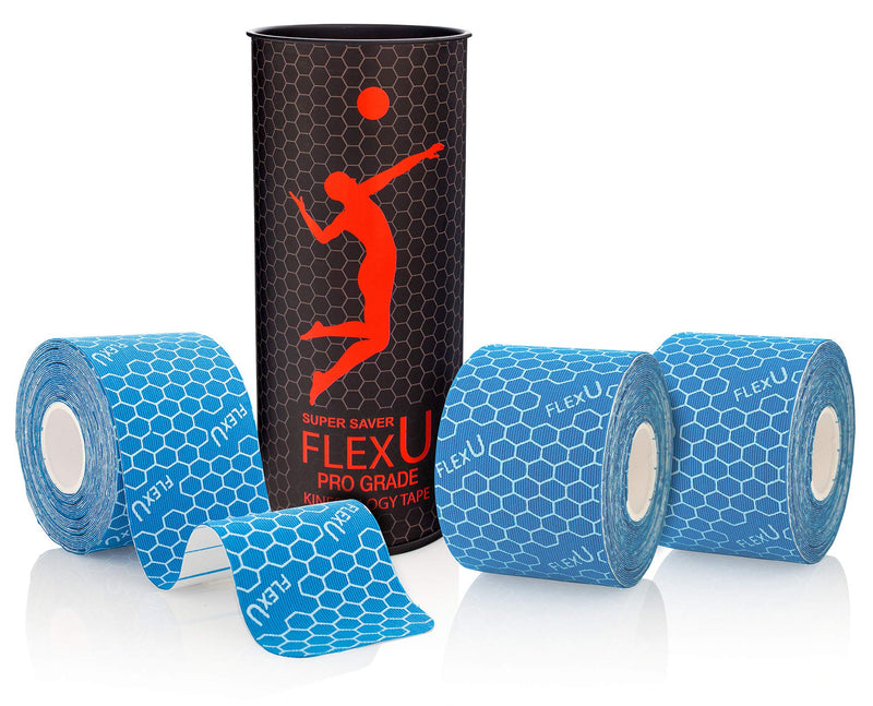 [Australia] - FlexU Kinesiology Tape, Black 3 Roll Pack - Ultra-Thin Rayon, Latex-Free, Hypoallergenic Professional Therapeutic Tape to Alleviate Pain, Reduce Swelling, and Promote Faster Recovery Blue 