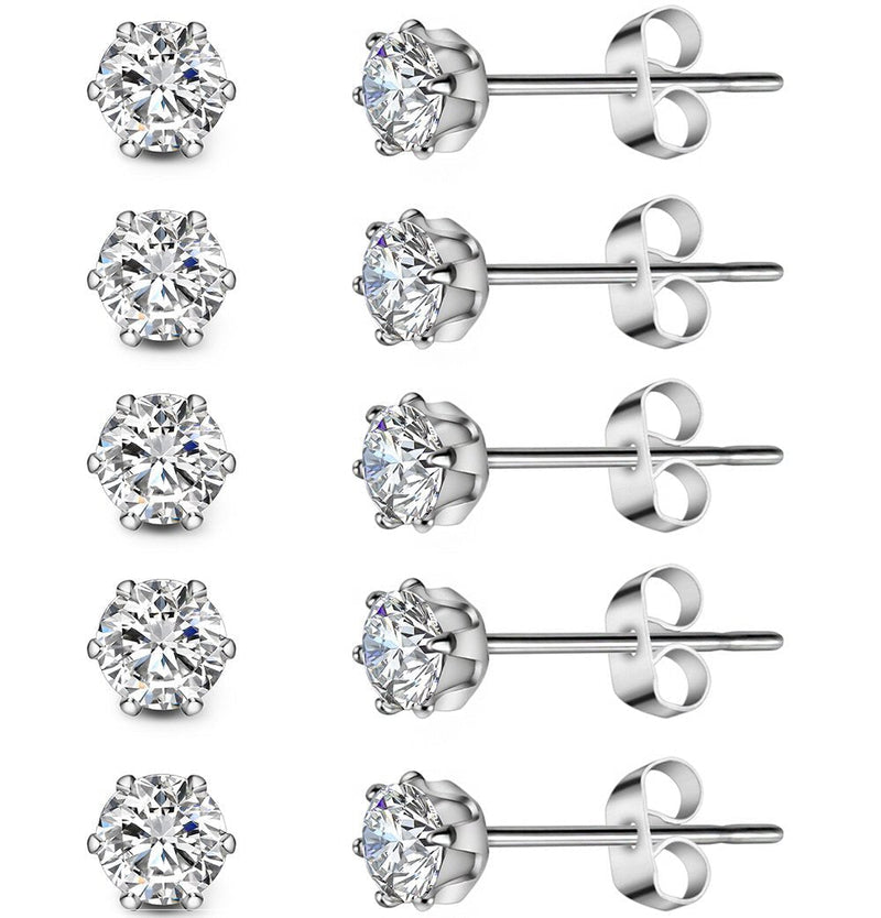 [Australia] - 5 Pairs Stainless Steel Cubic Zirconia Stud Earrings Set for Hypoallergenic Multi-Piercing Ears of Men,Women,Boys & Girls 