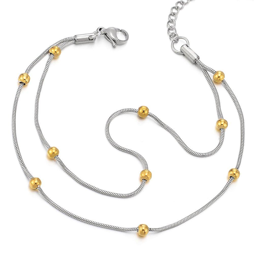 [Australia] - COOLSTEELANDBEYOND Stainless Steel Two-row Doubel Chain Anklet Bracelet with Charms of Balls Gold and Silver 