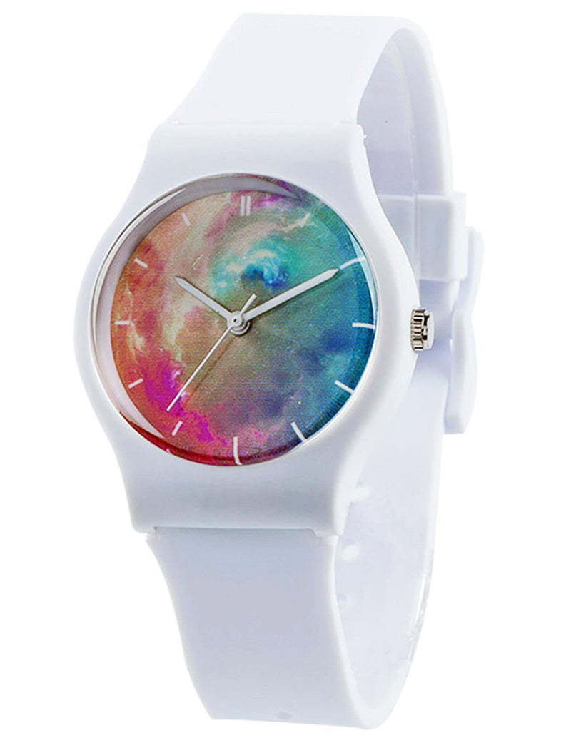 [Australia] - Tonnier Watches White Resin Super Soft Band Student Watches for Teenagers Young Girls Watches Nebula 