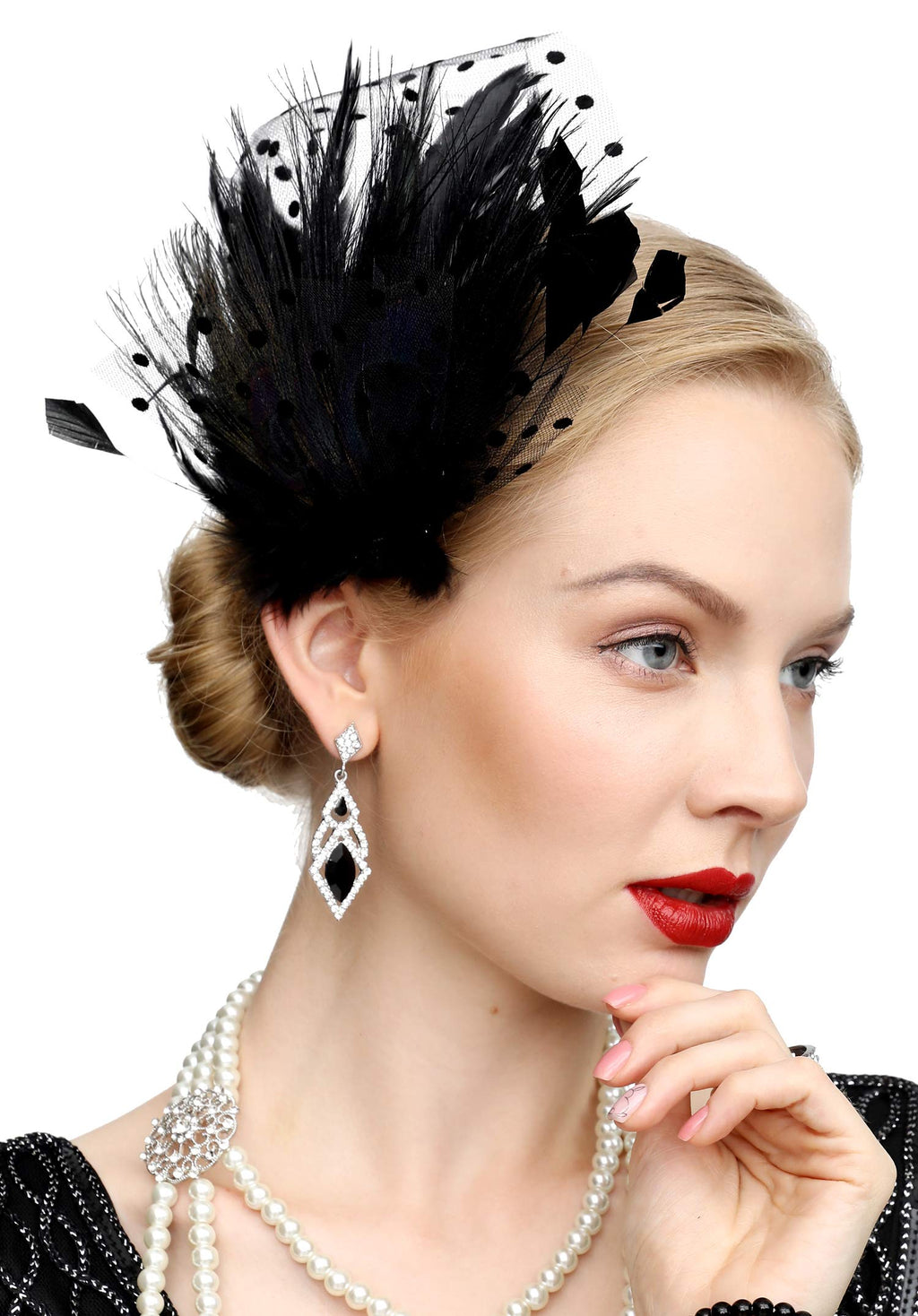 [Australia] - Fascinators 20s Gatsby Flapper Acessories Art Deco Party Accessory Peacock Feather Alligator Clip Black 