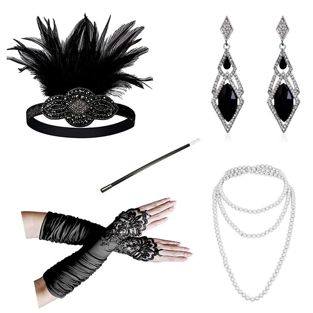 [Australia] - 1920s Accessories Headband Necklace Gloves Cigarette Holder Flapper Costume Accessories Set for Women 1111da 
