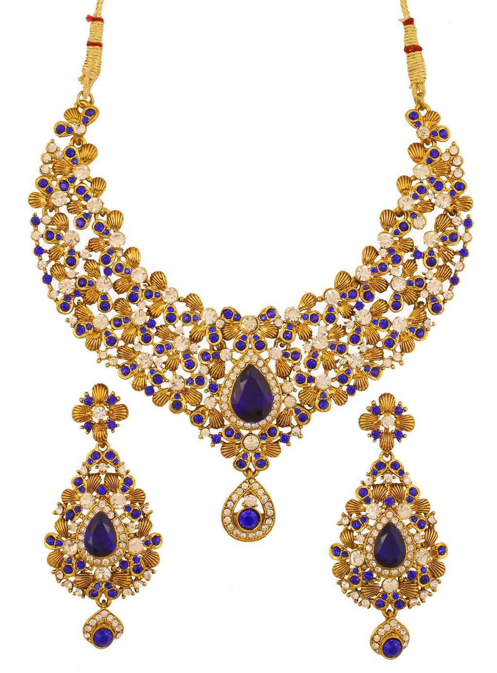 [Australia] - Touchstone Indian Bollywood Traditional Floral Theme White Rhinestone and Blue Faux Sapphire Bridal Designer Jewelry Necklace Set for Women in Antique Gold Tone 