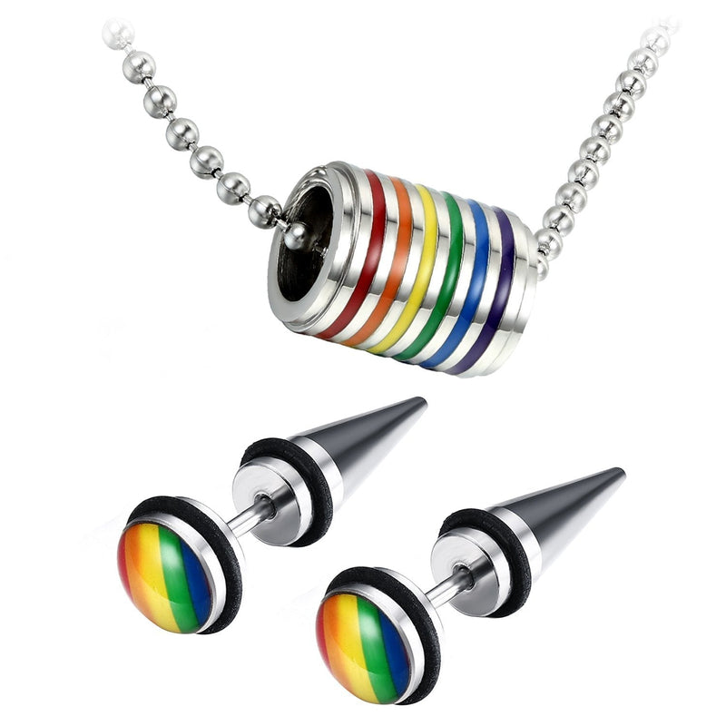 [Australia] - OIDEA Assorted Gay LGBT Pride Rainbow Pendant Necklace,2pcs 8MM Punk Rock Rivet Earring Studs,Hypoallergenic 
