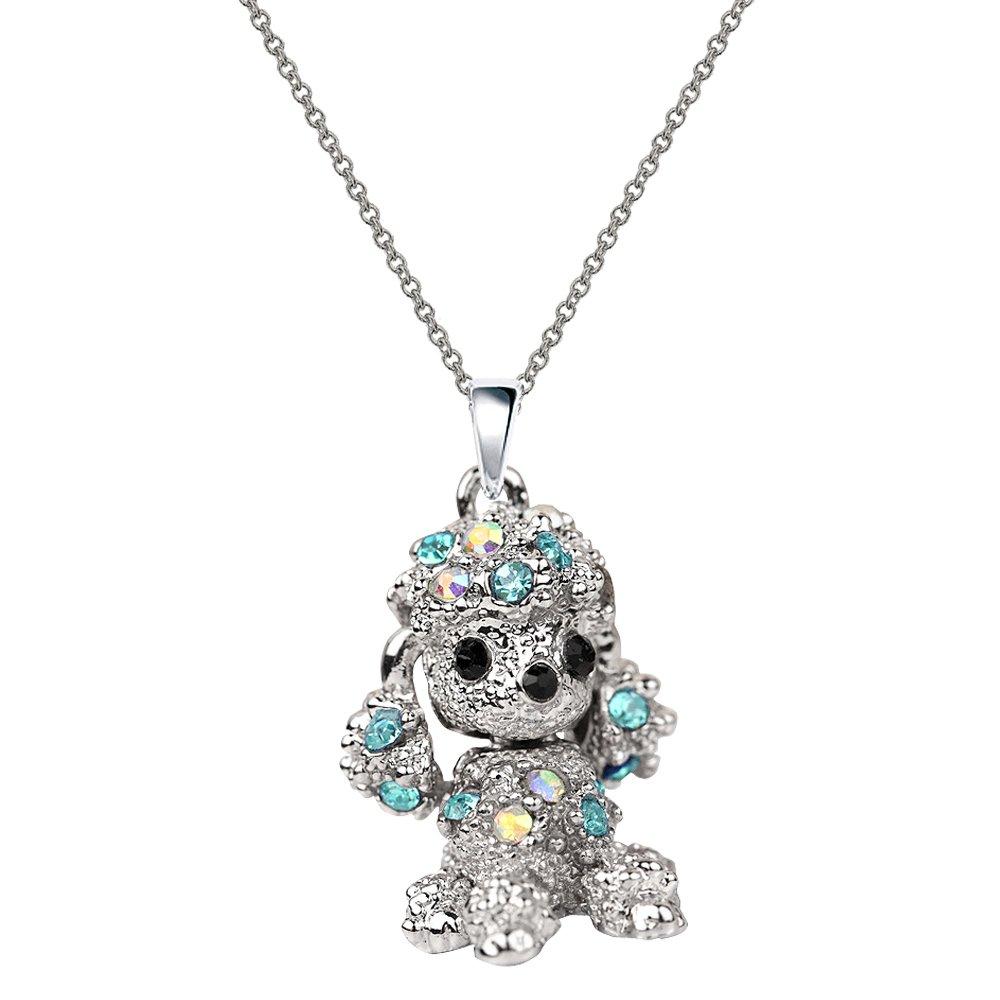 [Australia] - NC067 Cute 3D Blue Crystal Poodle Puppy Dog Pet Charm Pendant Silver Chain Necklace 