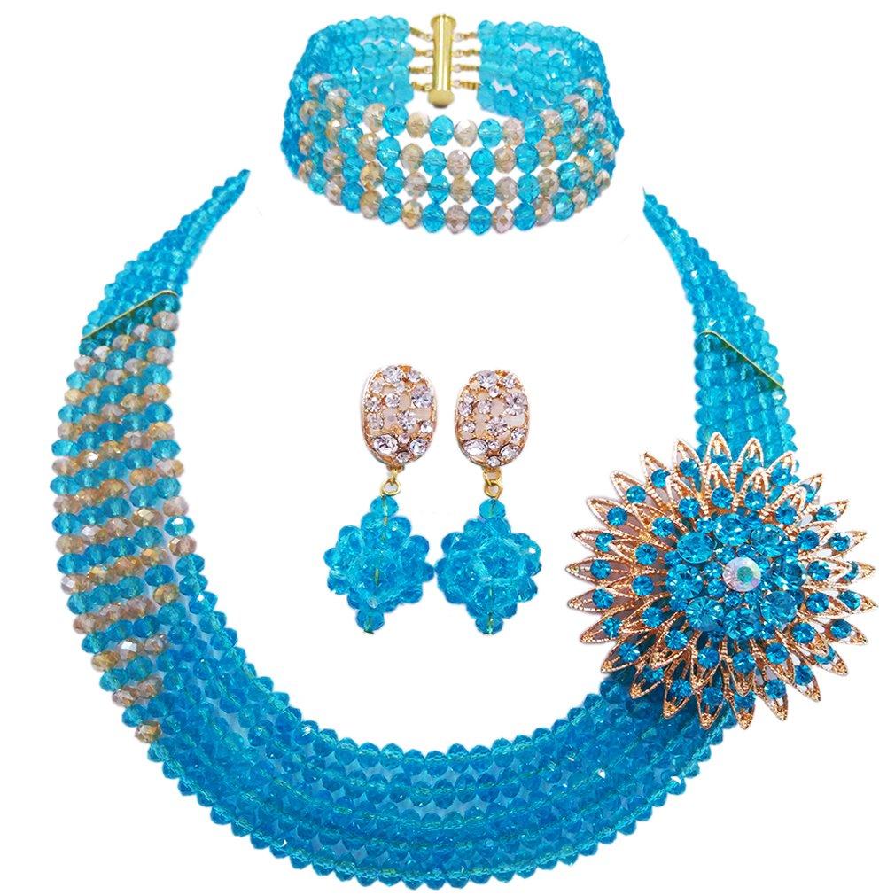 [Australia] - aczuv 5 Rows Nigerian Beads Jewelry Set African Beads Necklace Wedding Party Jewelry Sets Lake Blue Champagne Gold AB 