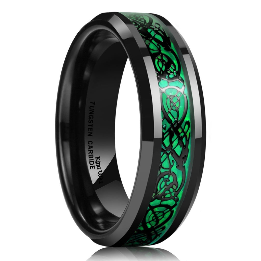 [Australia] - King Will Dragon Men's 5mm/8mm Green Carbon Fiber Black Celtic Dragon Tungsten Carbide Ring 4.5 