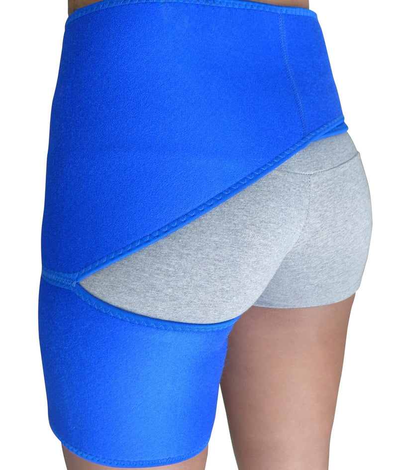 [Australia] - Hip Brace - Hamstring Thigh Compression Support - Sciatica Pain Relief Brace - Wrap for Hip Flexor Strain, Groin Pull, SI Joint, Arthritis, Bursitis, Sciatic Nerve for Men, Women (Blue) Blue 