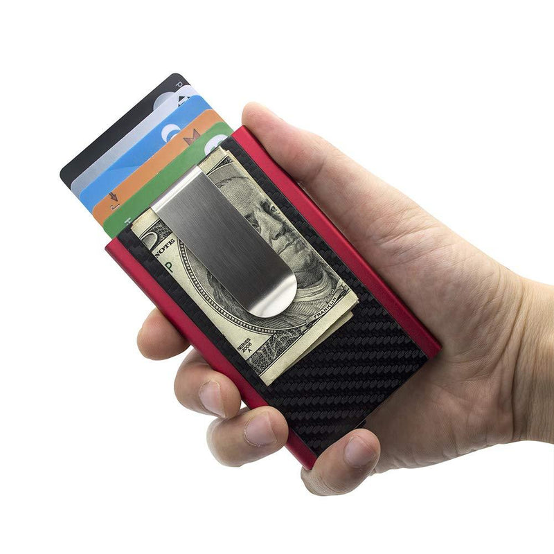 [Australia] - Mosiyeef Pop Out Wallet - RFID Carbon Fiber Wallets for Men - Slim Credit Card Holder - Mini Metal Bank Card Case - Mens Minimalist Wallet Card Holder with Money Clip Red Imitation Carbon Fiber 