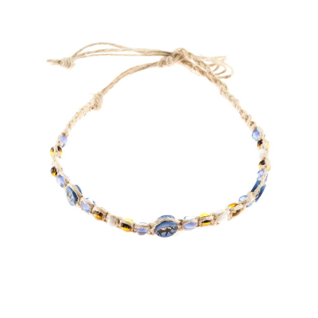 [Australia] - Hemp Anklet Bracelet with Blue, Amber & White Glass Beads, Elephant Fimo Disc 