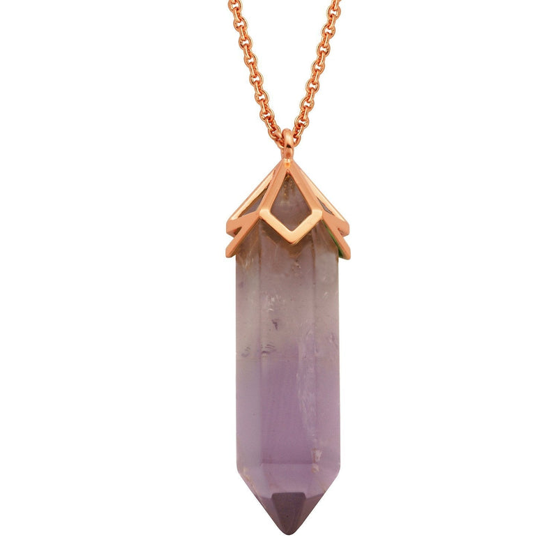 [Australia] - Morgan & Paige Sterling Silver or 14K Gold Plated Genuine Gemstone 40x10mm Hexagonal Pendulum Pendant Necklace, 32" + 2" (Choice of Gems & Metal Colors) Purple Amethyst rose-gold-plated-bronze 