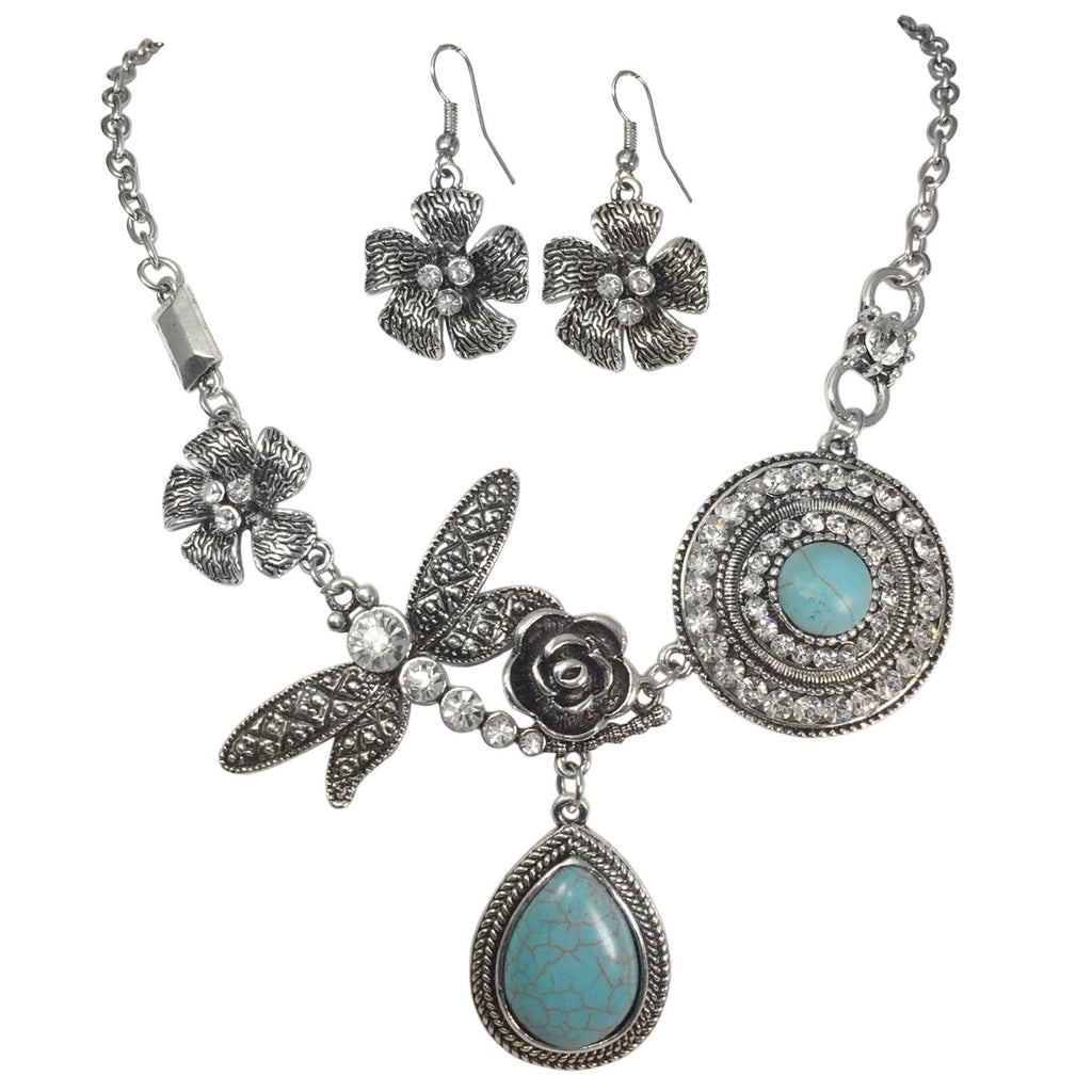 [Australia] - Gypsy Jewels Unique Simulated Turquoise with Dragonfly Vintage Look Necklace & Dangle Earring Set Burnished Silver Tone 