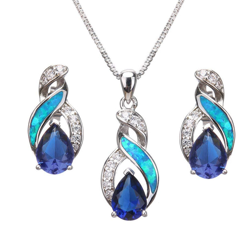 [Australia] - Hermosa Jewelry Sets Australian Opal Blue Sapphire Necklace Earrings JS3 