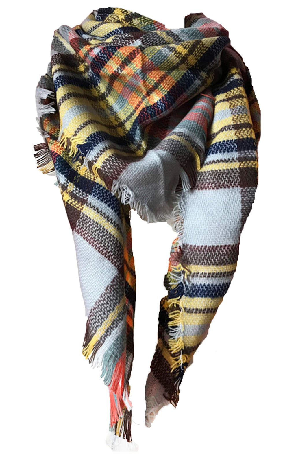 [Australia] - Wander Agio Womens Warm Long Shawl Wraps Large Scarves Knit Cashmere Feel Plaid Triangle Scarf Beige Grey 21 