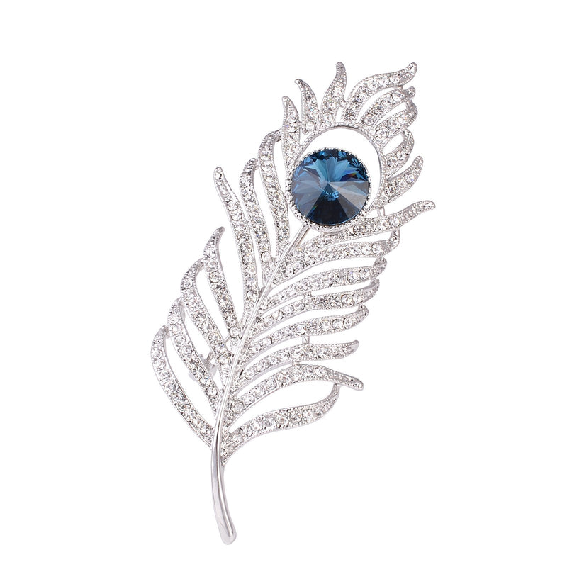 [Australia] - OBONNIE Women Silvery Tone CZ Crystal Rhinestones Large Peacock Feather Brooch Pin Wedding Party Badge 