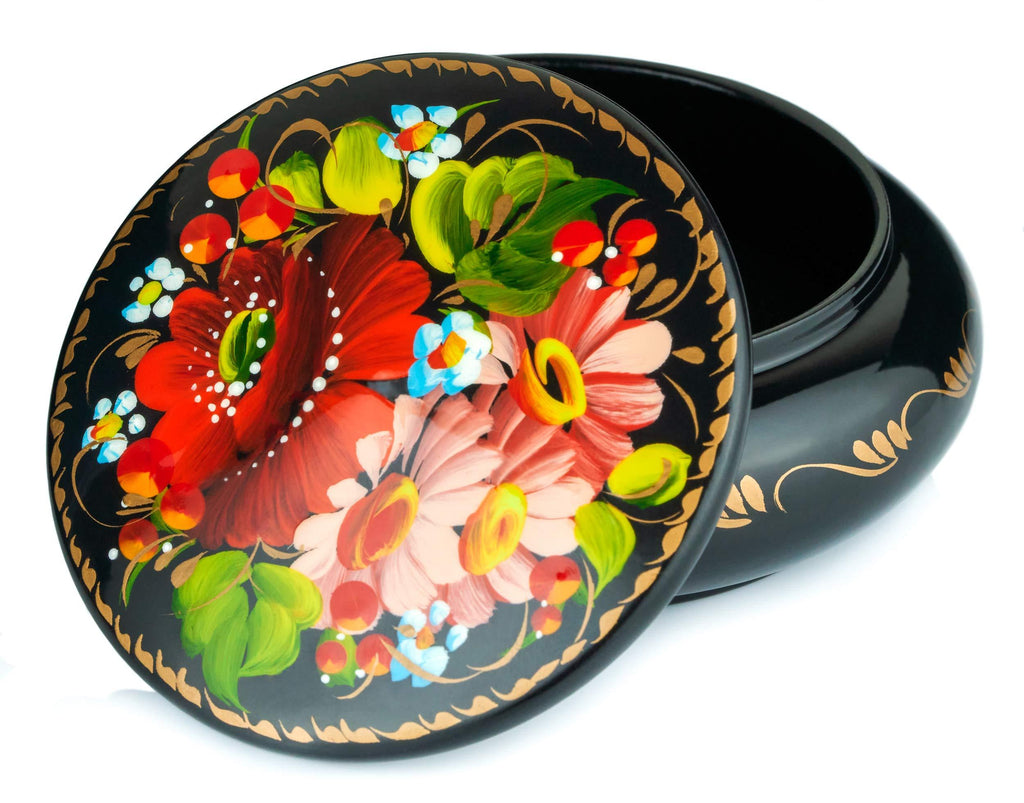 [Australia] - Gift Jewelry Box for Earrings, Necklace, Rings, Round Wooden Case with Hand Painted Flowers on Black Lacquer, for Girls and Women, made in Europe (Rose) 