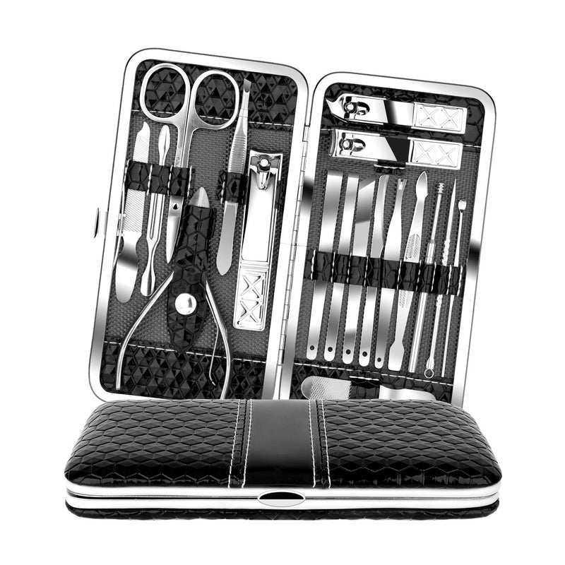 [Australia] - Teamkio 18pcs Stainless Steel Professional Manicure Pedicure Set| Nail Clippers Travel Hygiene Nail Cutter Care Set| Scissor Tweezers Knife Ear Pick Grooming Kits with Leather Case Black 