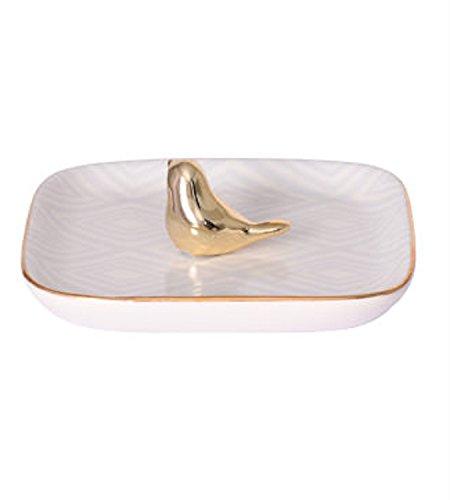 [Australia] - TABLE PASSION Gold Plated Bird White Ceramic Jewelry Dish Ring Holder, 4.5" 