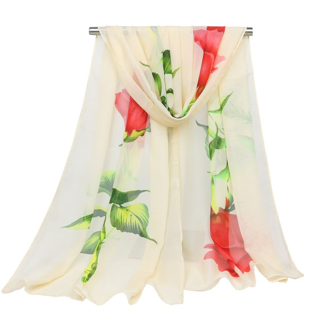 [Australia] - ChikaMika Fashion Scarves for Women Floral Rose Light Weight Long Chiffon Scarves White Rose 