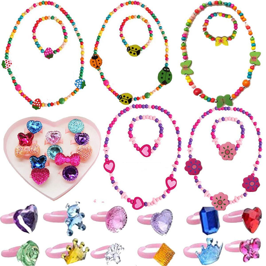 [Australia] - IDOXE 17pcs Value Set Little Girl Jewelry Set, Wood Stretch Necklace Bracelet Play Jewelry with Crystal Rings Heart Box 