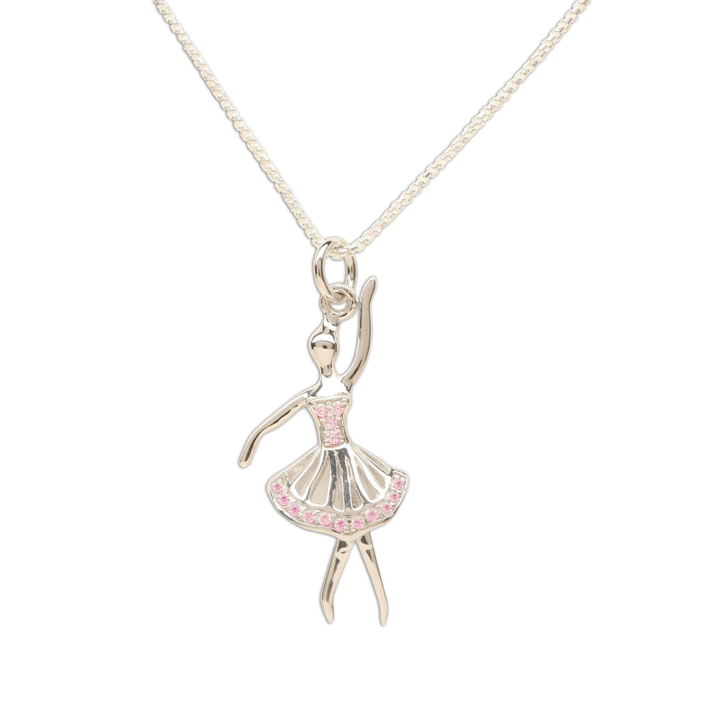 [Australia] - Girl's Sterling Silver Ballerina Charm Necklace with Pink Sparkling CZs 14 inch 