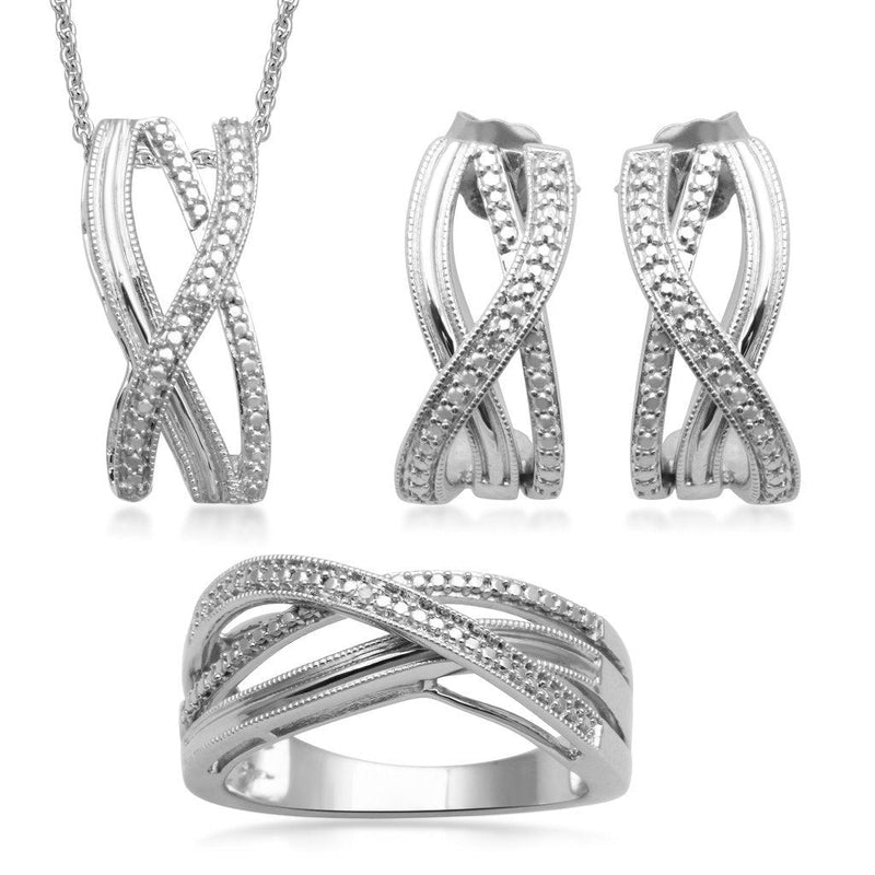 [Australia] - Jewelili Sterling Silver Over Brass Diamond Accent Crossover Ring , Pendant and Earrings Box Set 