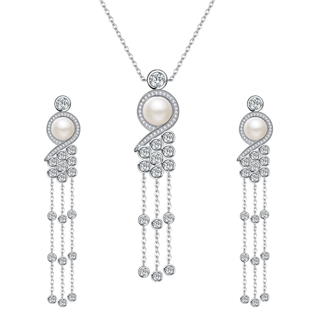 [Australia] - EleQueen 925 Sterling Silver CZ AAA Button Cream Freshwater Cultured Pearl Victorian Style Long Tassel Bridal Y-Necklaces Dangle Earrings Set Pearl Jewelry Set 