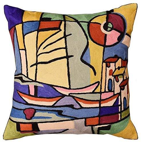 [Australia] - Kashmir Designs Modern Pillow Cover by Alfred Gockel | Nautical Pillow | Mid Century Modern Throw Pillows | Abstract Pillow for Couch | Contemporary Chair Cushion | Hand Embroidered Wool | Size -18x18 Red 